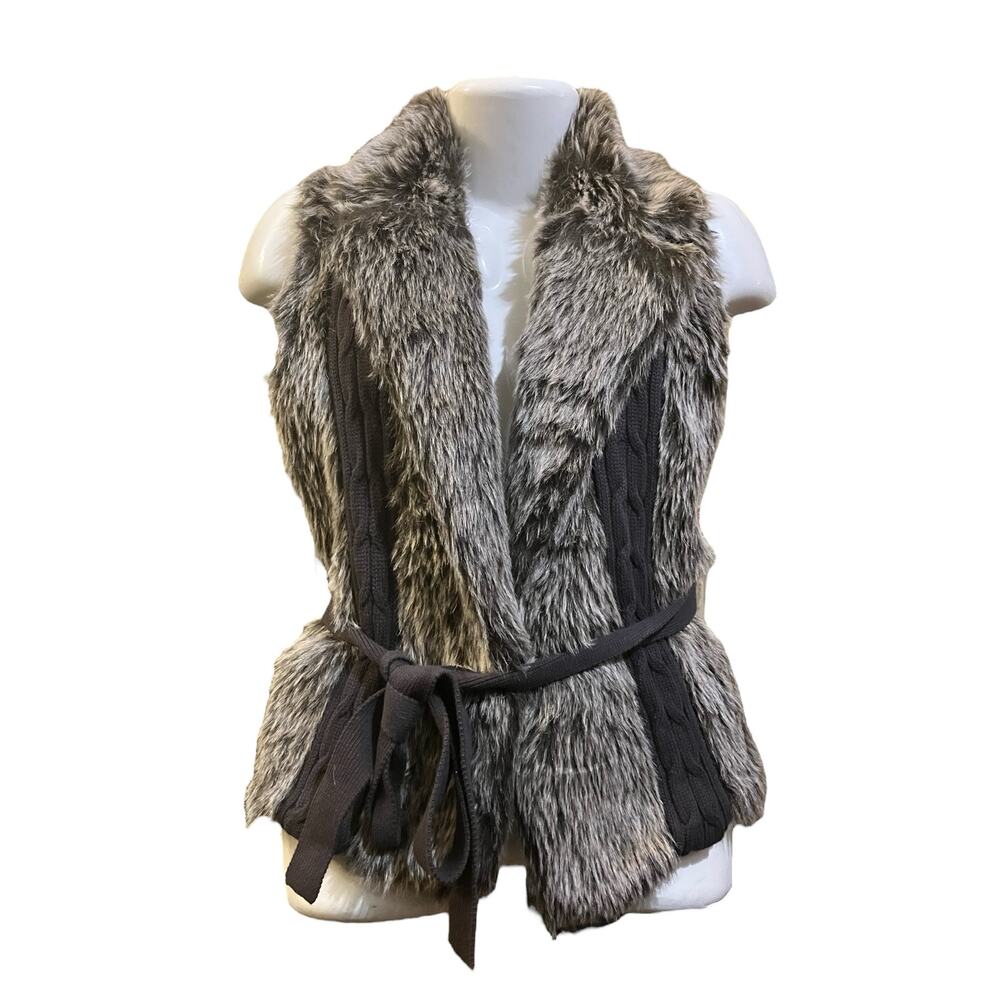 XOXO Women's Brown Faux Fur Cable Knit Sweater Open Front Vest W/ Belt SZ L